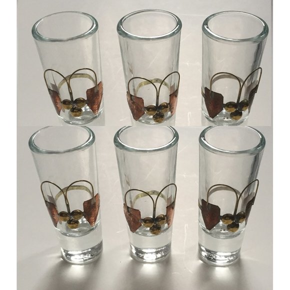 6 Shot Glasses with  📢 Fancy Copper Ring Grips - Picture 1 of 7